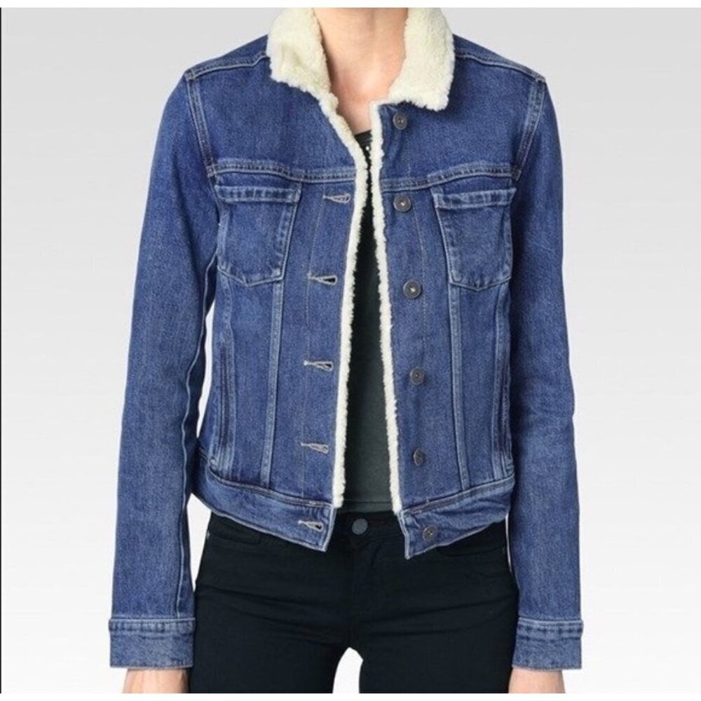 PAIGE Leo Jacket Women’s Sherpa Lined Denim Trucker Blue, Size M